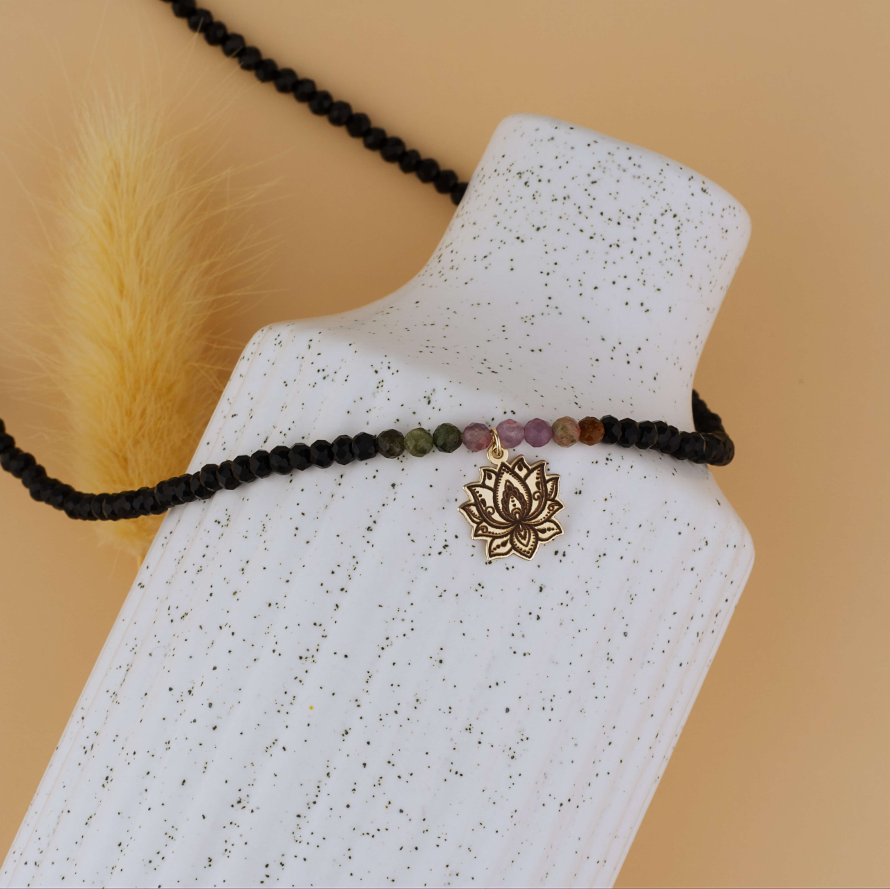 Choker negru Lotus din Aur - Onyx Negru si Turmalina Watermelon [2]