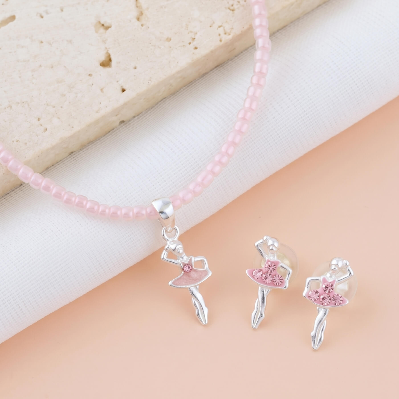 Set Premium Colier + Cercei pentru fetite cu Balerina Roz - Argint 925 + Pelicula Anticoroziva [2]