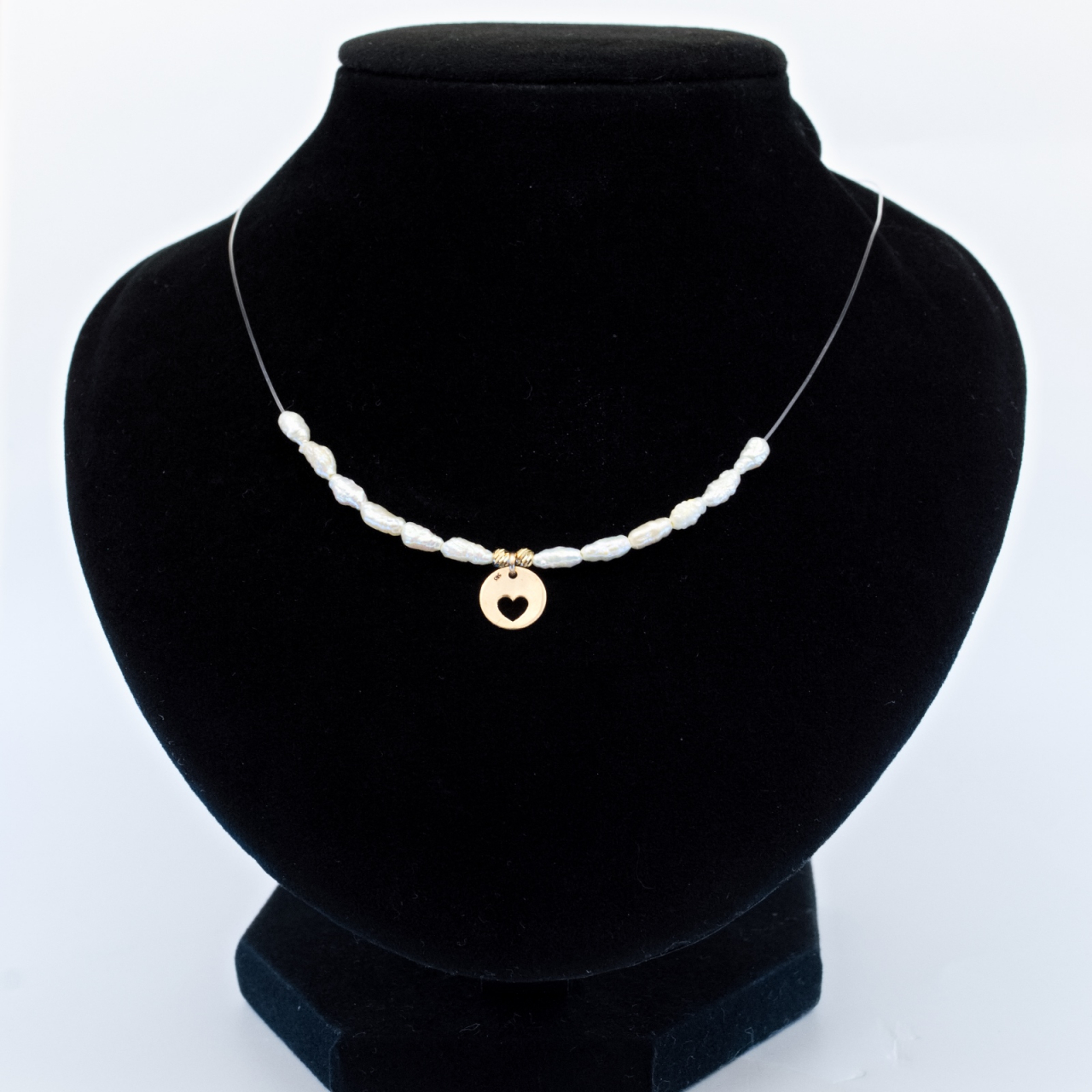 Colier cu fir transparent, perle de cultura si banut din aur 14k [4]