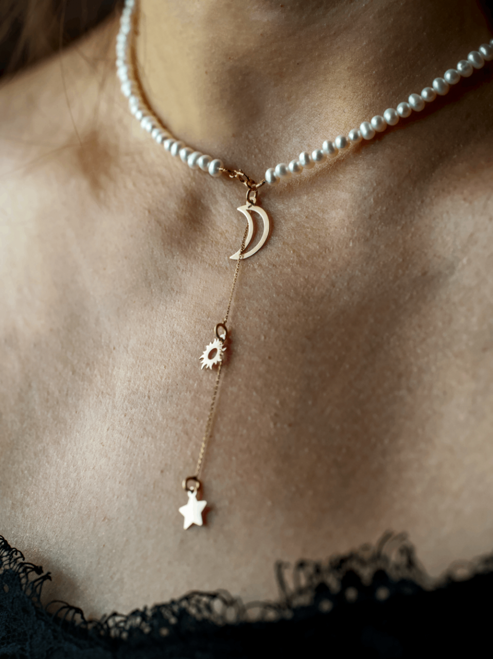Colier perle cu lantisor aur 14K extensie Univers - Luna Soare Stele [2]