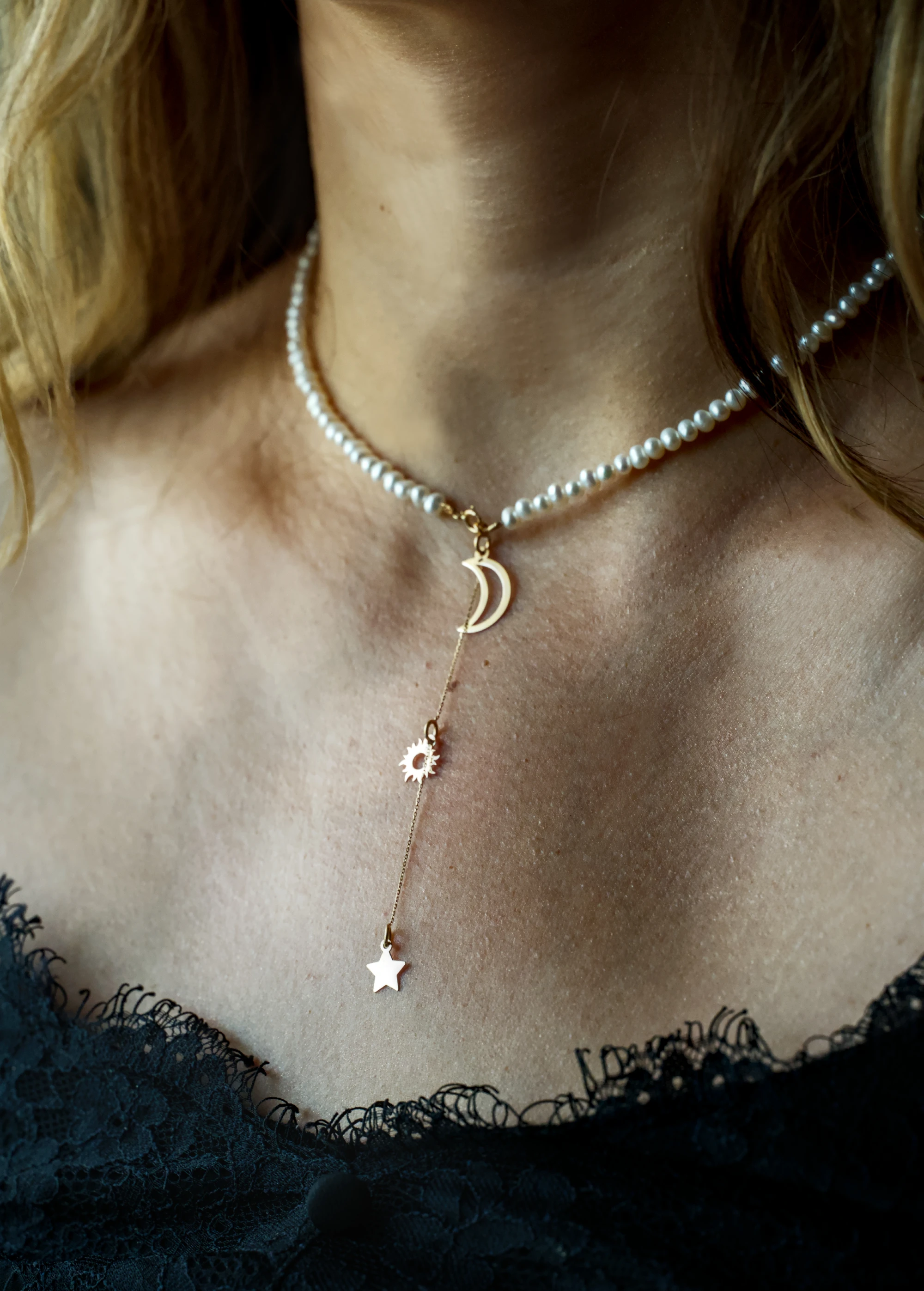 Colier perle cu lantisor aur 14K extensie Univers - Luna Soare Stele [3]