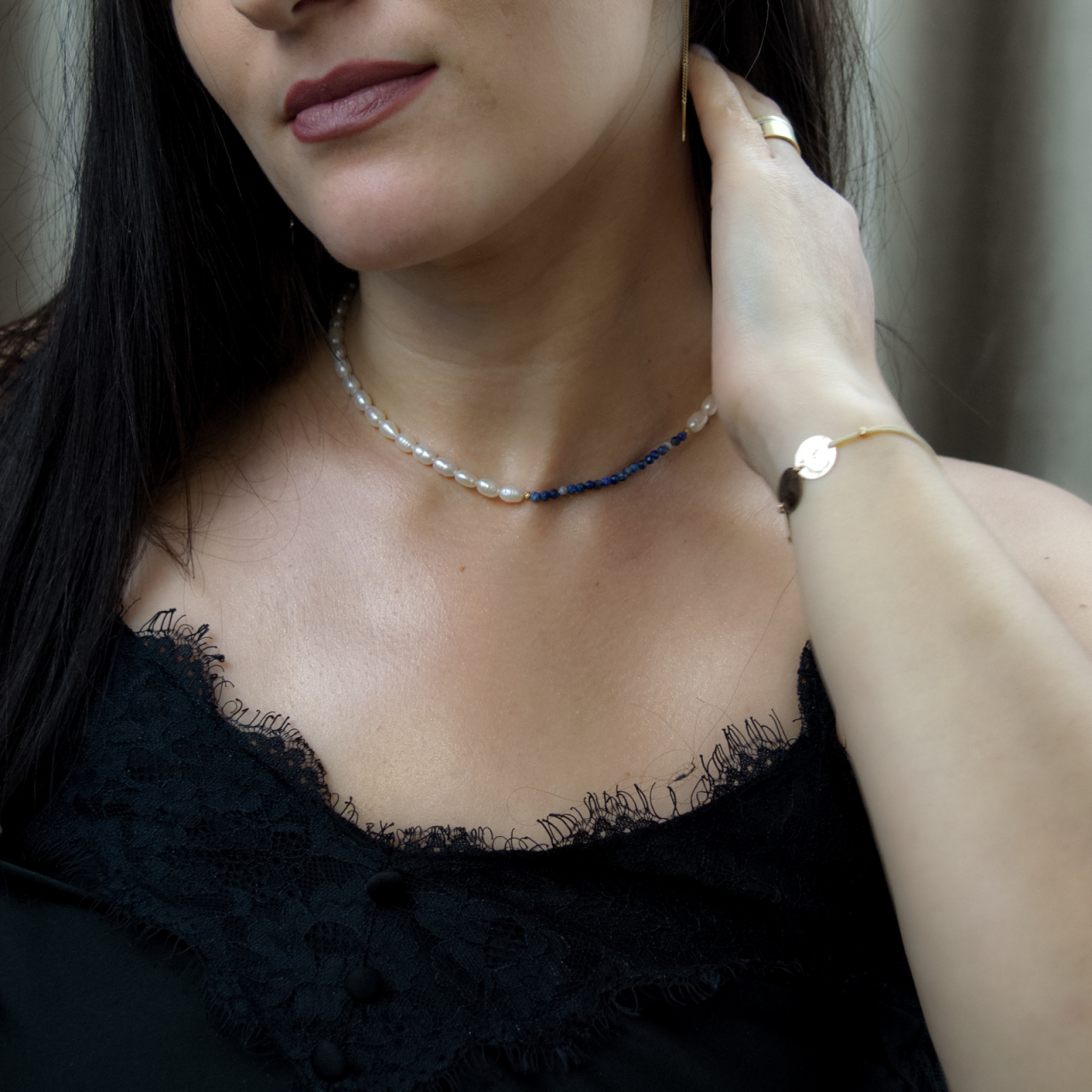Colier din perle cu bile din aur si cristale naturale Lapis lazuli [2]