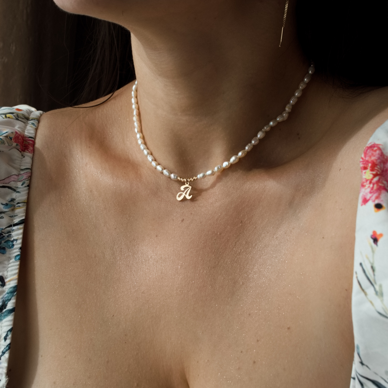 Colier din perle naturale si initiala nume din aur 14K [6]