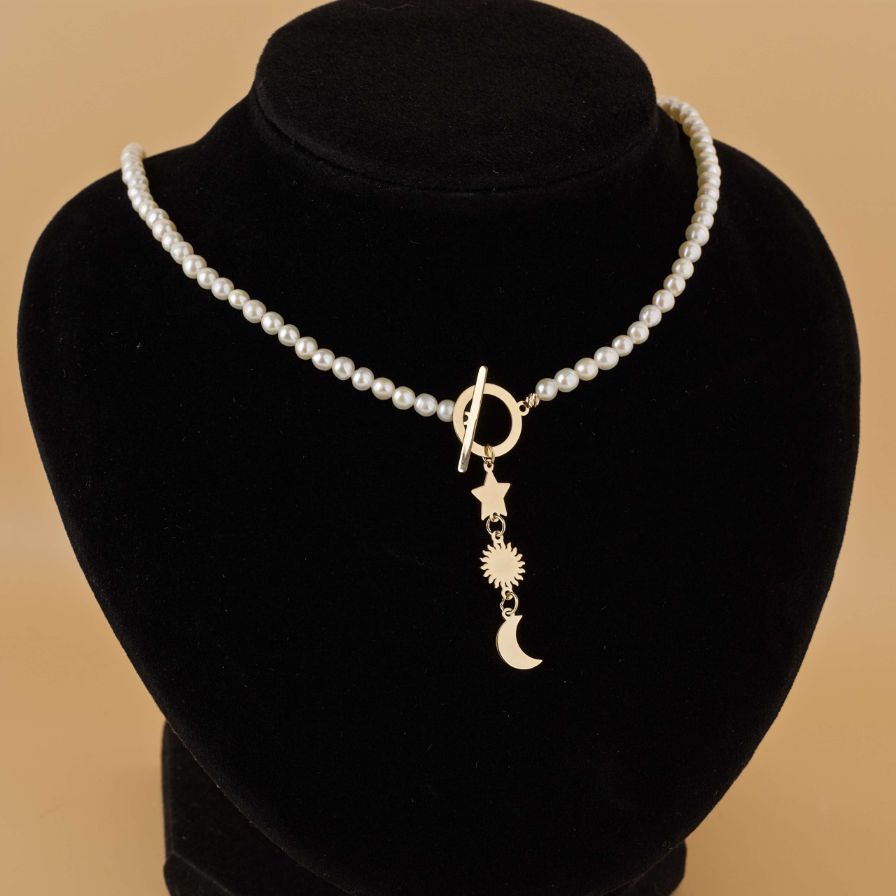 Colier perle naturale de cultura cu pandantiv toggle Soare Luna si Stea din Aur 14K [3]