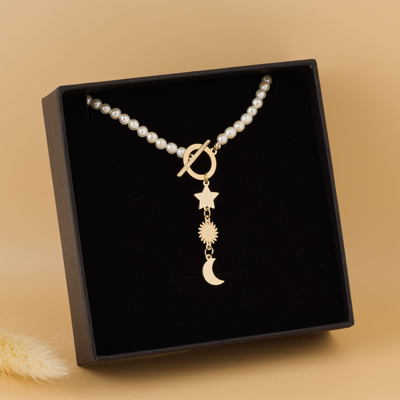 Colier perle naturale de cultura cu pandantiv toggle Soare Luna si Stea din Aur 14K [4]