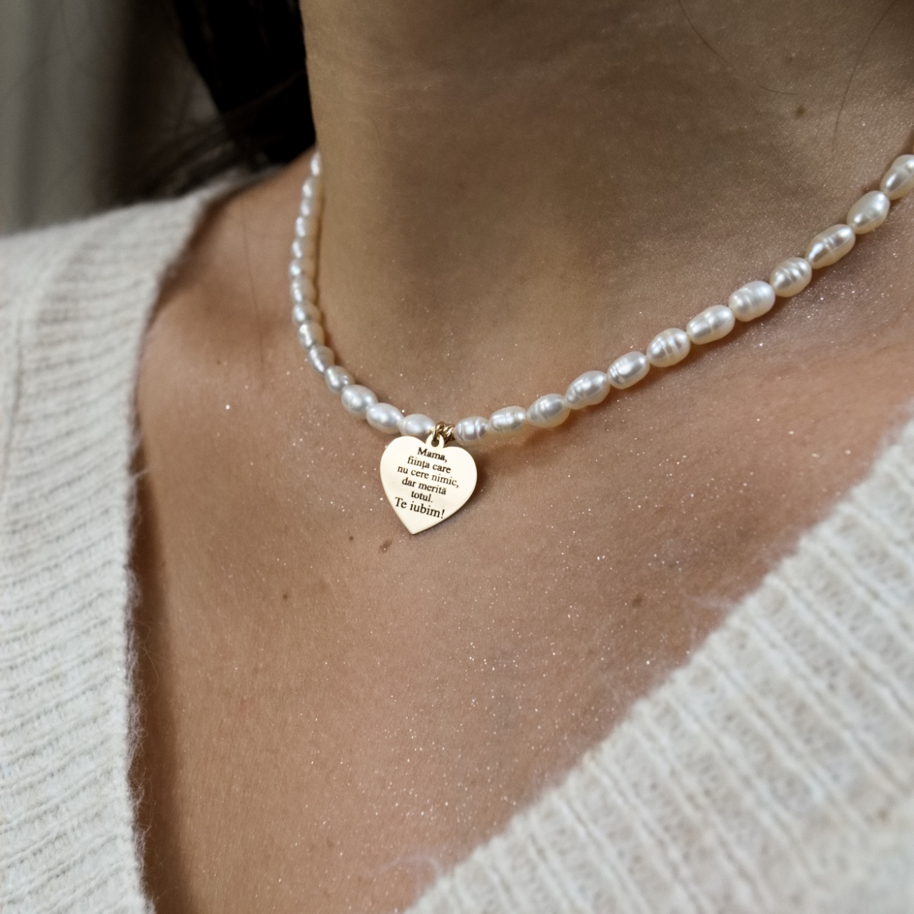 Colier perle naturale de cultura si pandativ aur 14K inima cu mesaj emotionat pentru Mama [4]