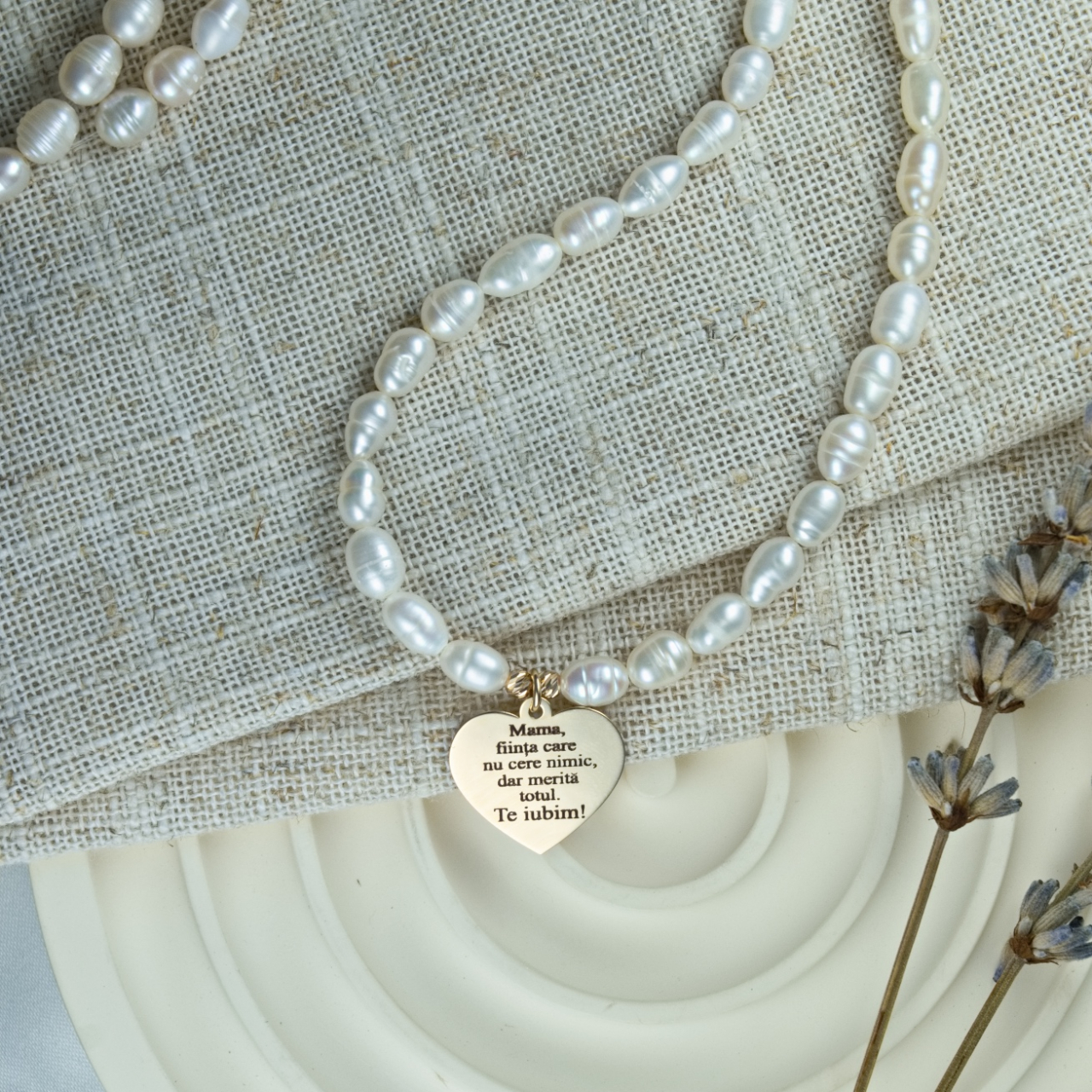 Colier perle naturale de cultura si pandativ aur 14K inima cu mesaj emotionat pentru Mama [3]