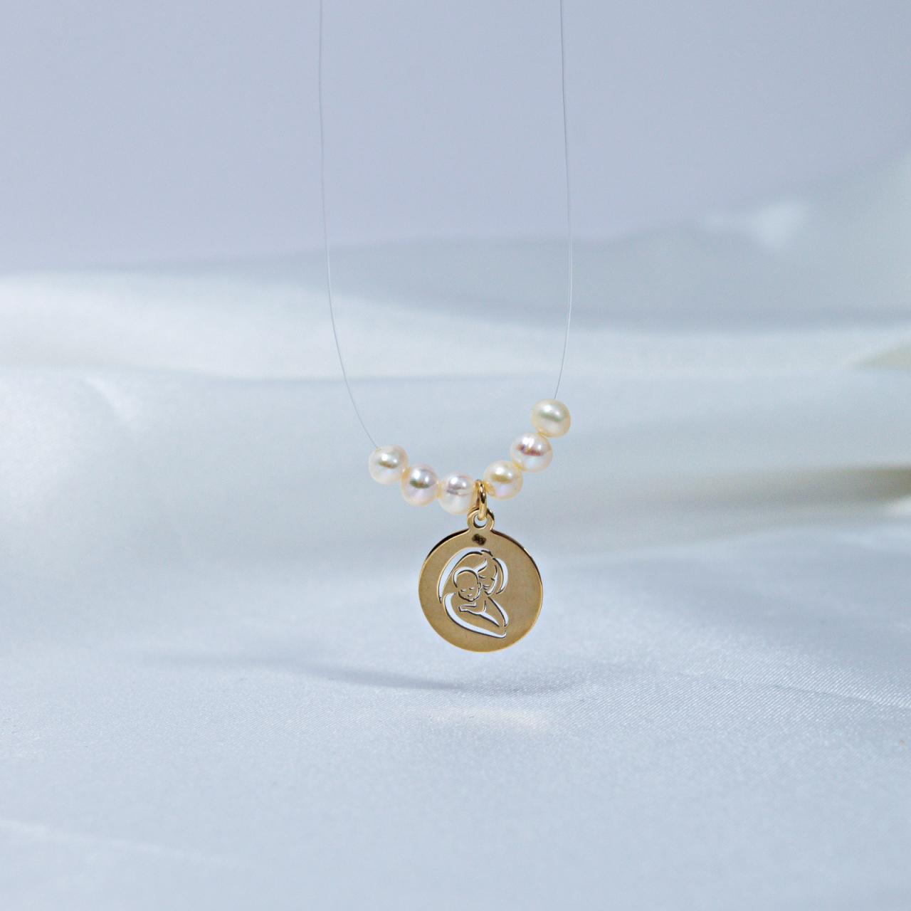 Colier cu pandantiv din aur 14K mama si bebe - fir transparent de guta si perle naturale [2]