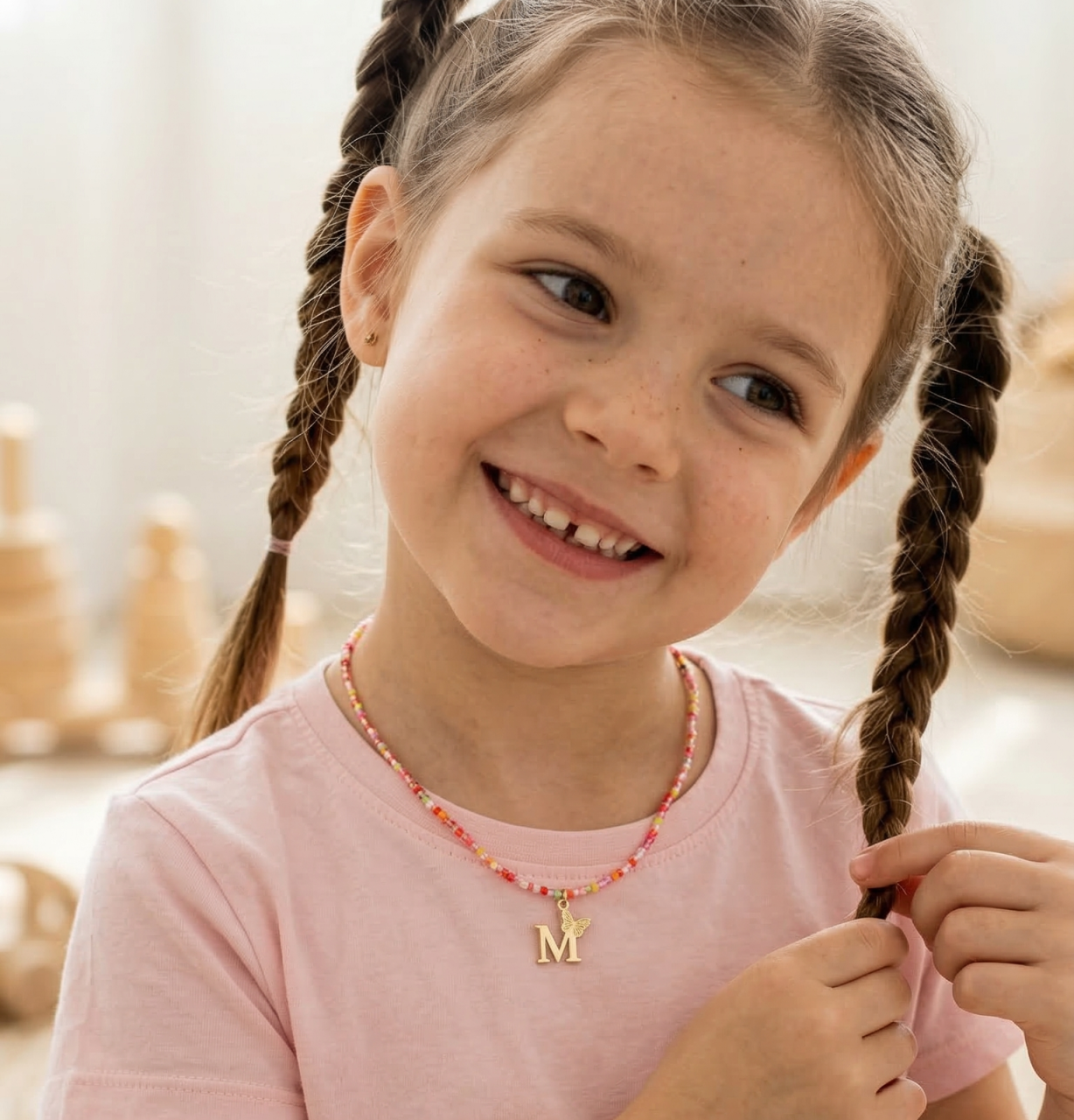 Colier fetite cu margelute colorate si pandantiv Initiala nume cu Fluturas Aur 14K [2]