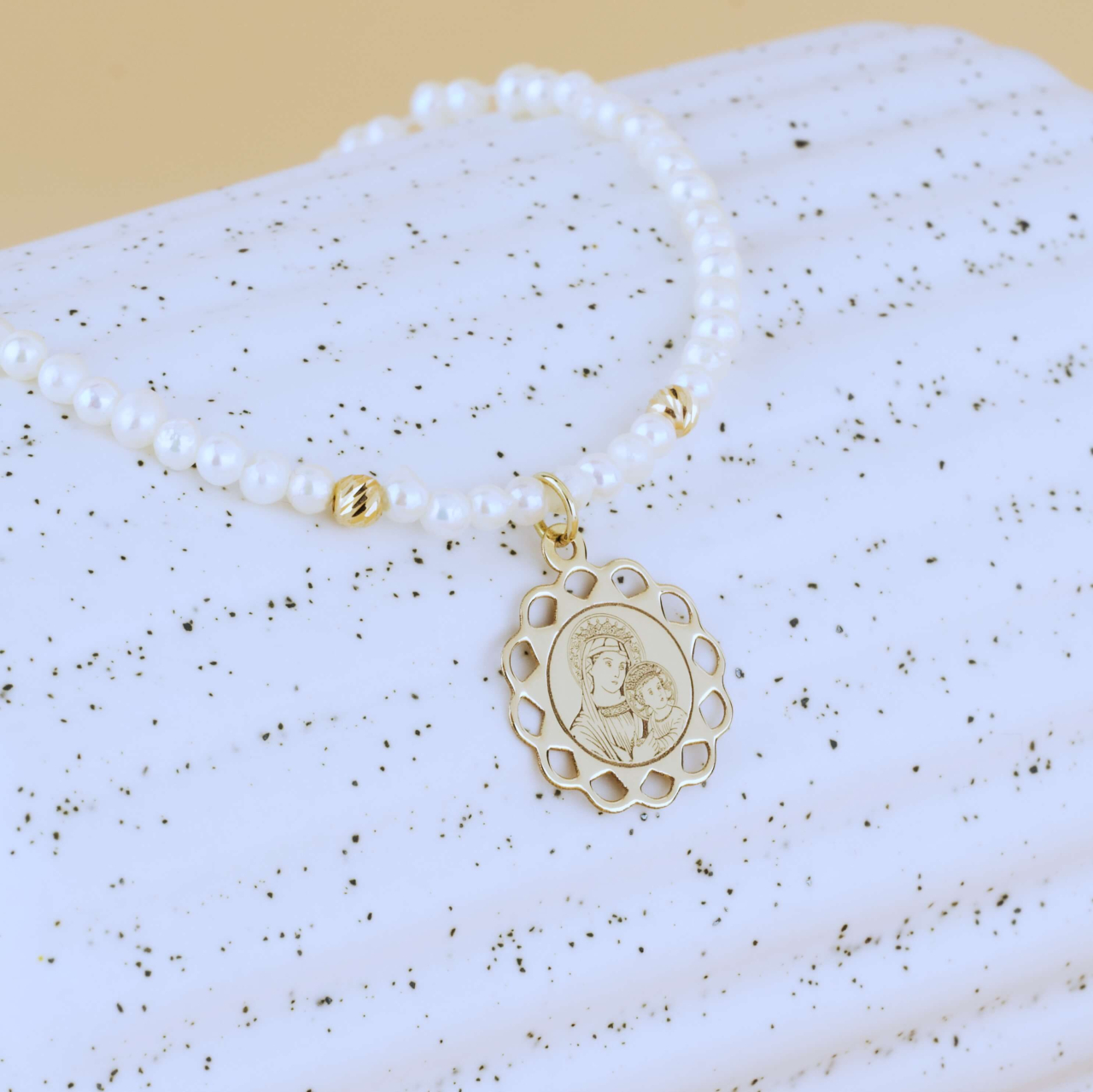 Colier din perle rotunde de cultura si pandantiv din Aur 14K Icoana Maica Domnului / Fecioara Maria [5]
