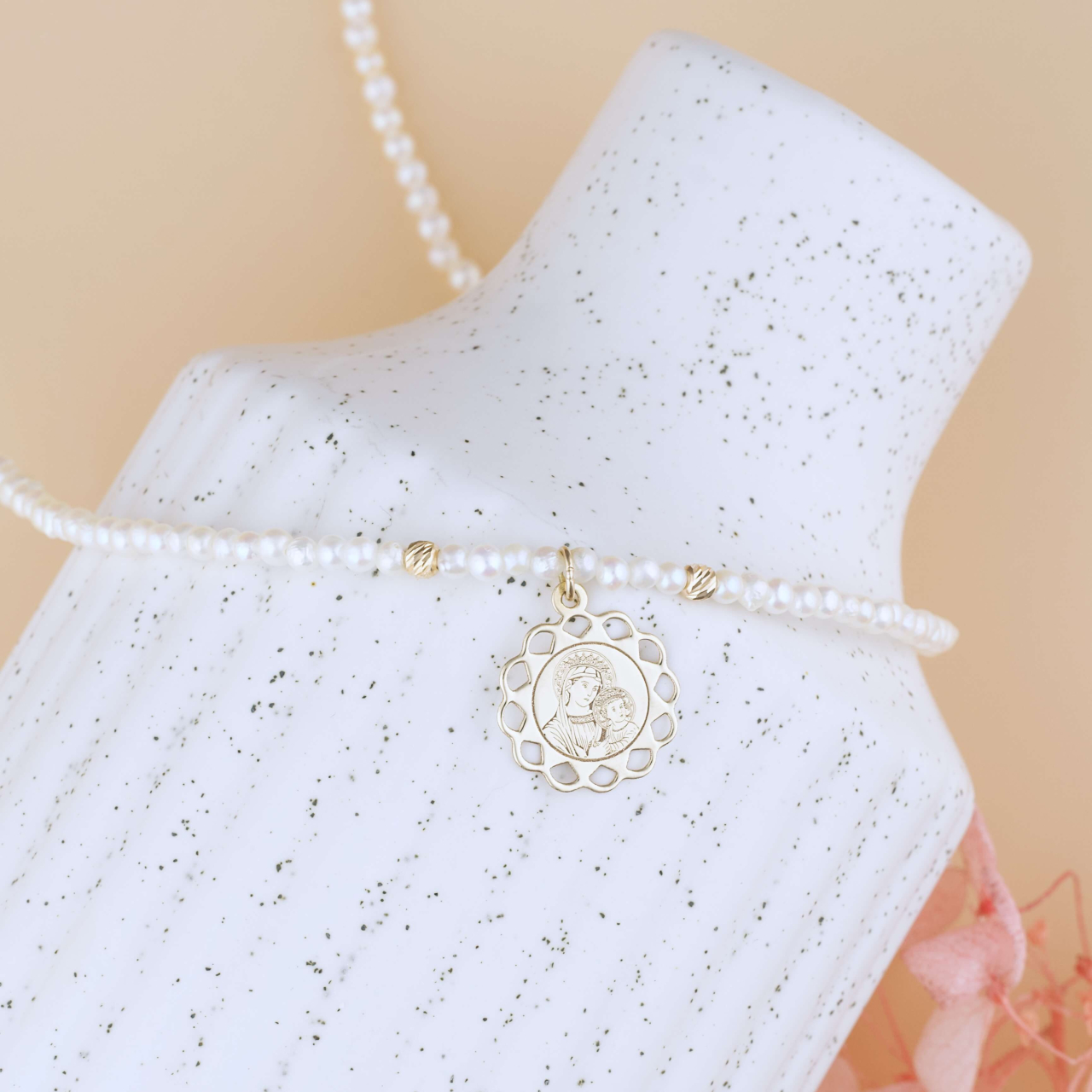 Colier din perle rotunde de cultura si pandantiv din Aur 14K Icoana Maica Domnului / Fecioara Maria [3]