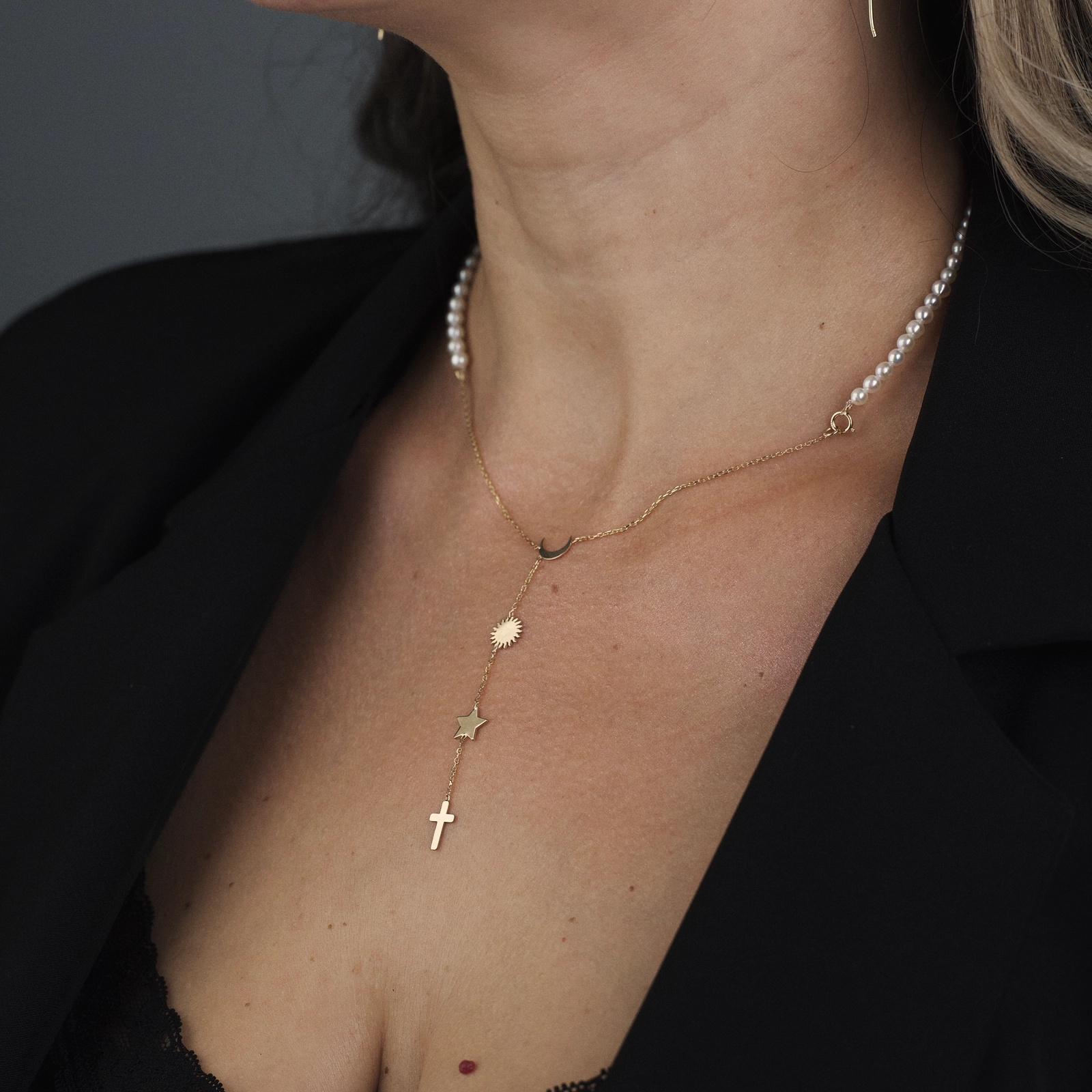 Rozariu din perle naturale cu lantisor aur 14K - Luna Soare Stele - Cruciulita Aur [2]