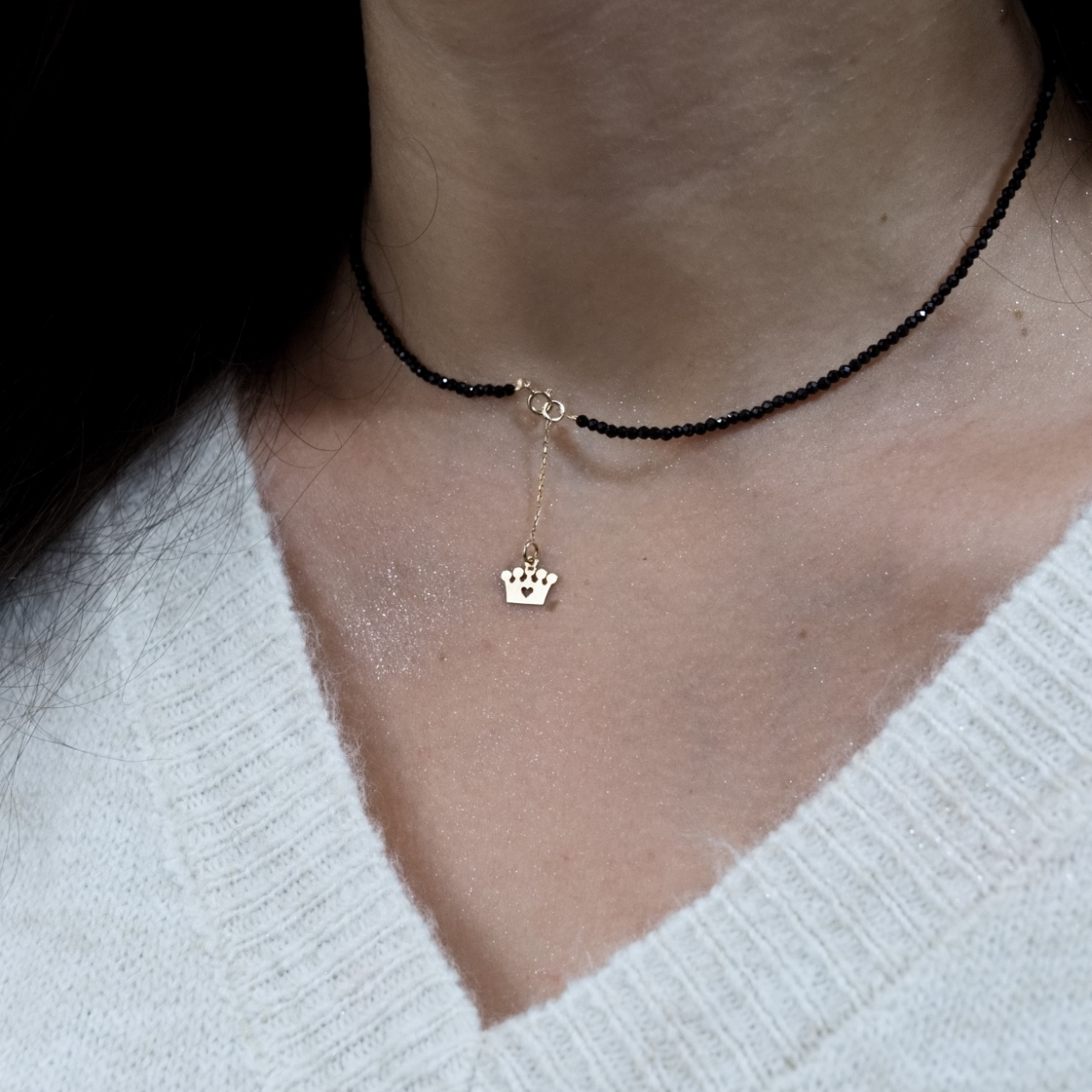 Colier cristale negre lantisor din aur 14K si pandantiv coroana [2]
