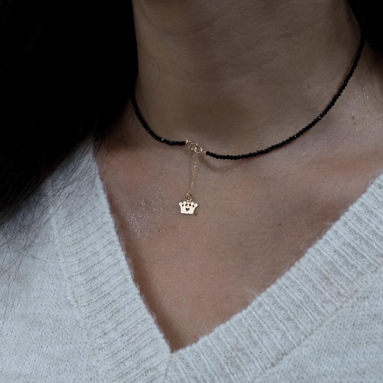 Colier cristale negre lantisor din aur 14K si pandantiv coroana [3]