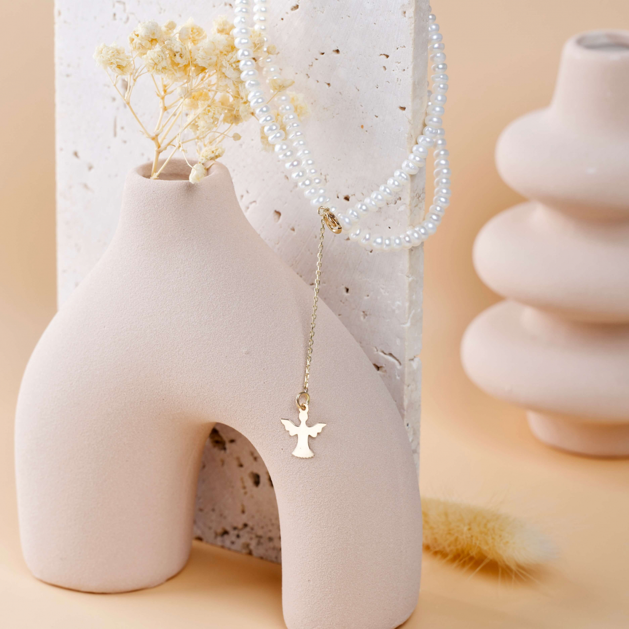 Colier perle de cultura si lantisor aur 14K extensie cu pandantiv din aur Ingeras [2]