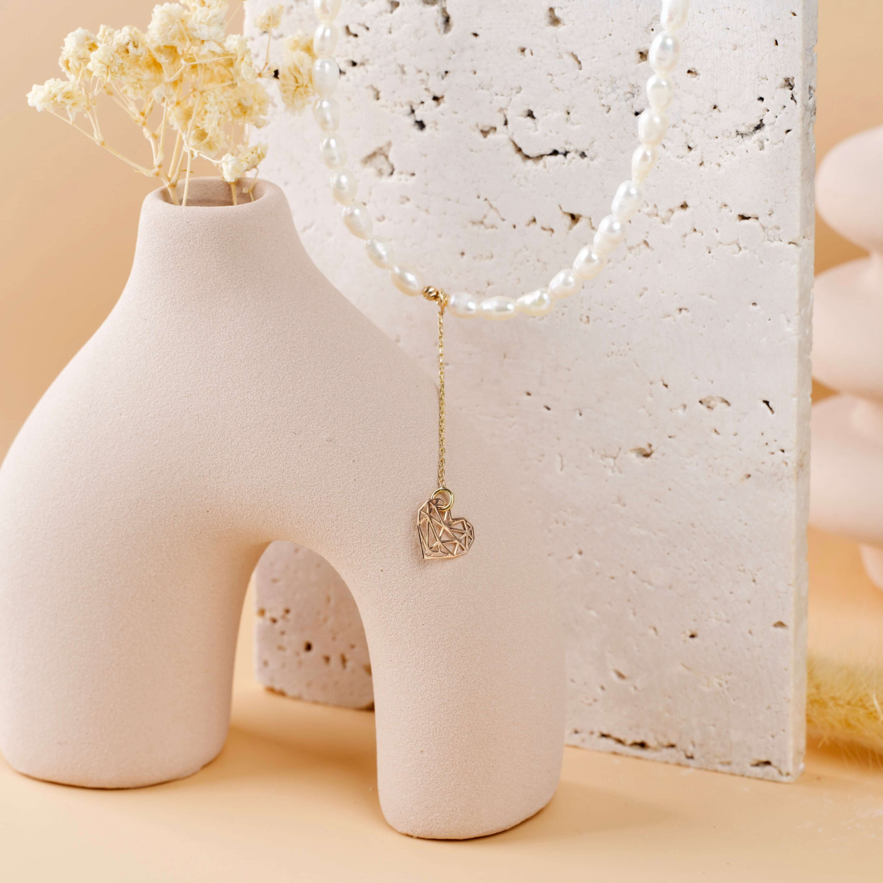 Colier cu perle de cultura si lantisor aur 14K extensie cu pandantiv din aur Inima Origami [4]