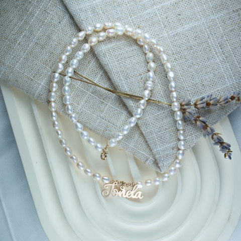 Colier perle naturale cu pandantiv nume din Aur 14K [4]