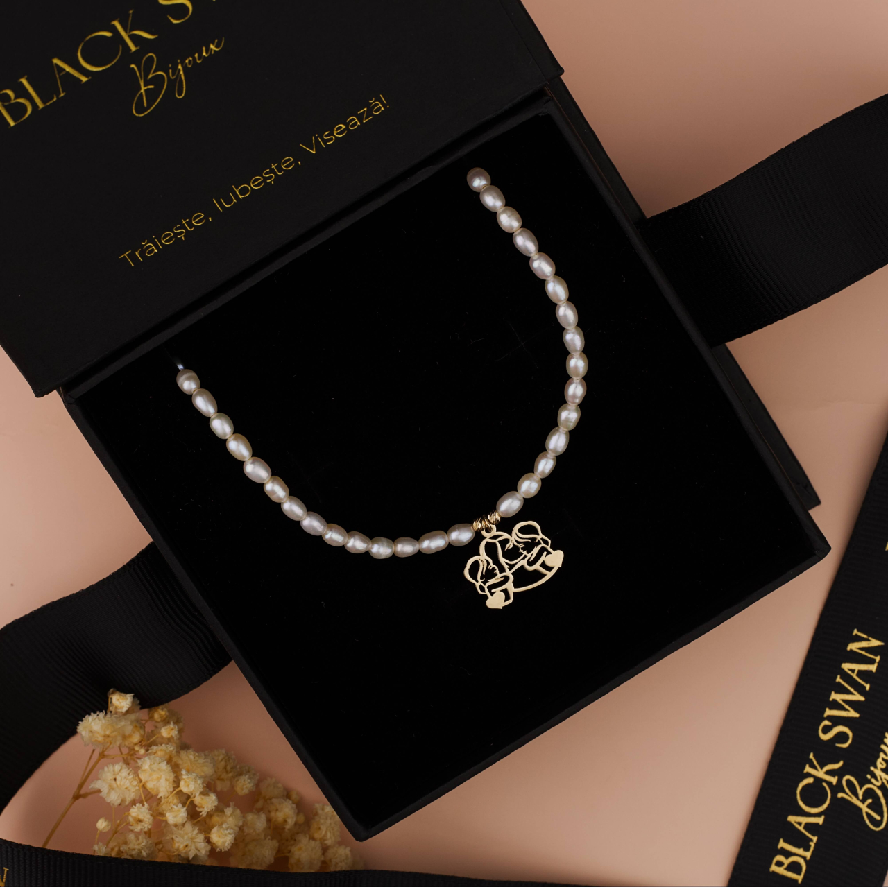 Colier din perle naturale de cultura si pandantiv din Aur 14K Mama si copii - Cadou premium Mama [2]