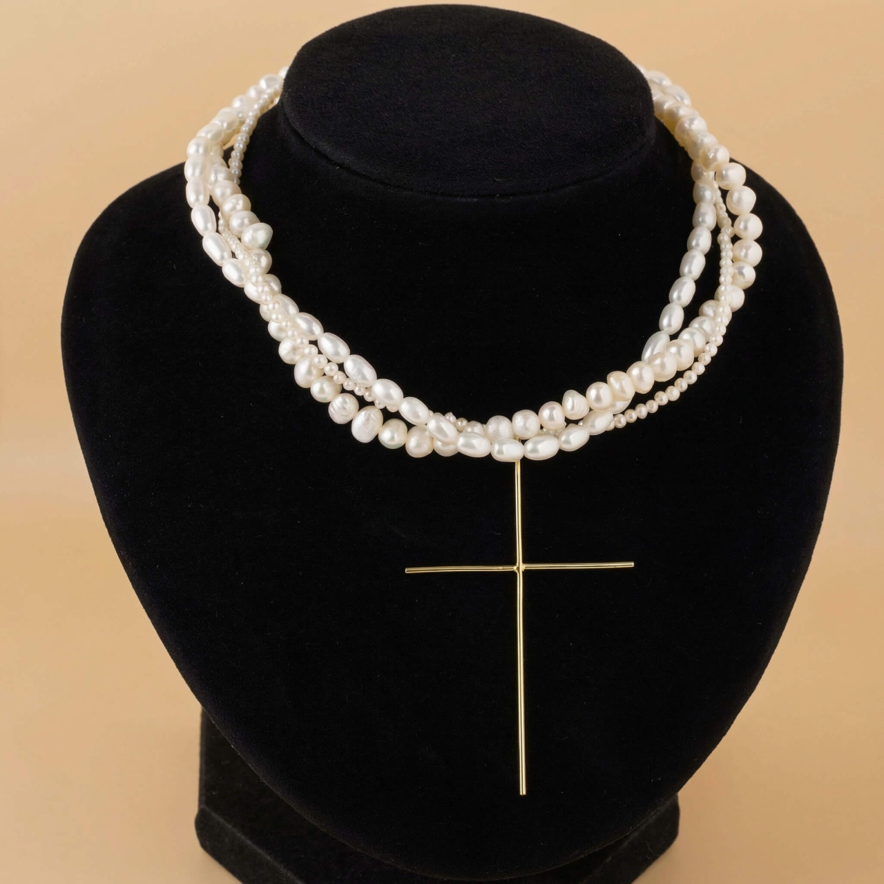 Colier din 3 siraguri perle naturale si Pandantiv Cruce subtire mare model minimalist Argint 925 suflat cu Aur 18K [3]