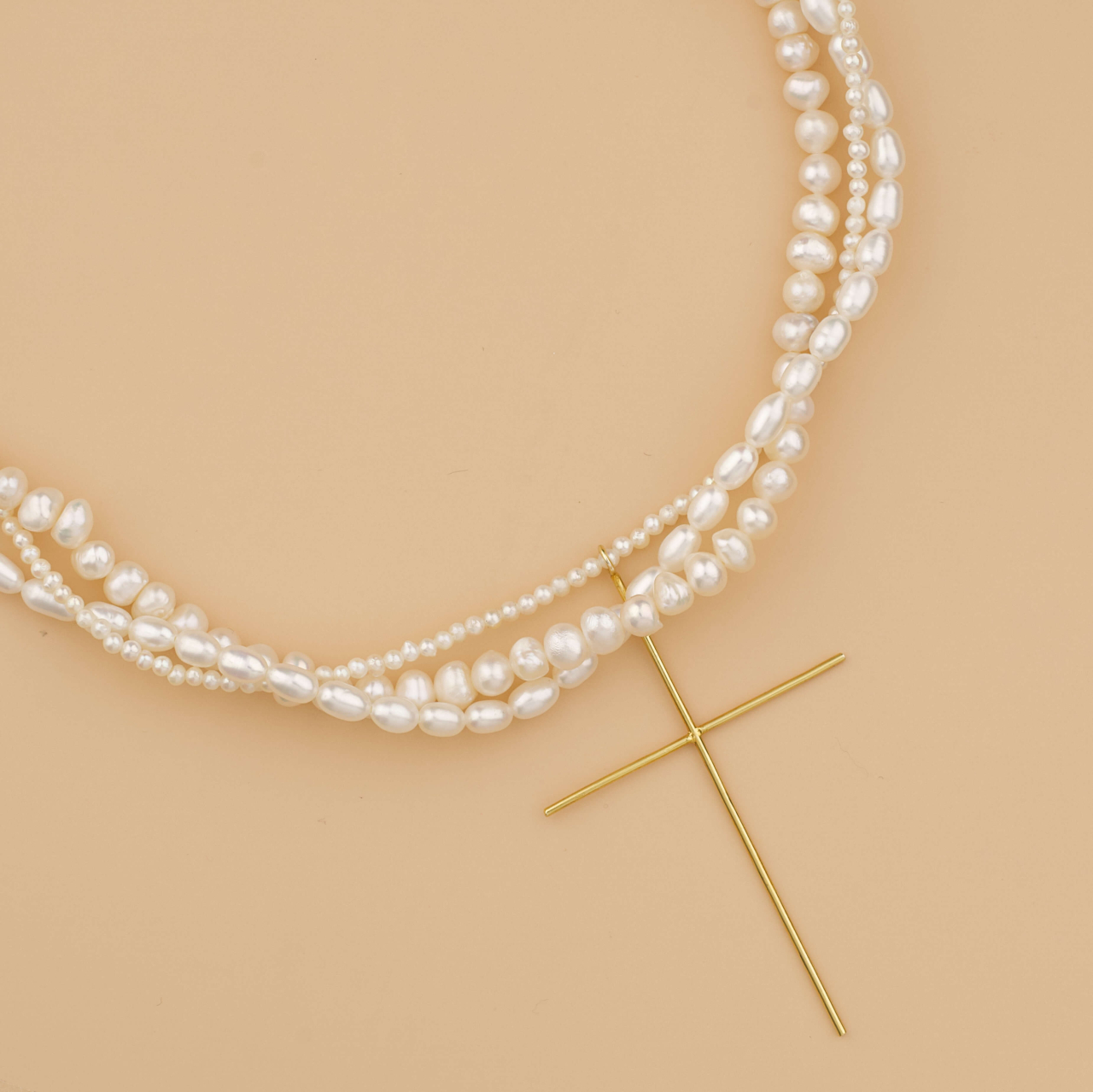 Colier din 3 siraguri perle naturale si Pandantiv Cruce subtire mare model minimalist Argint 925 suflat cu Aur 18K [2]