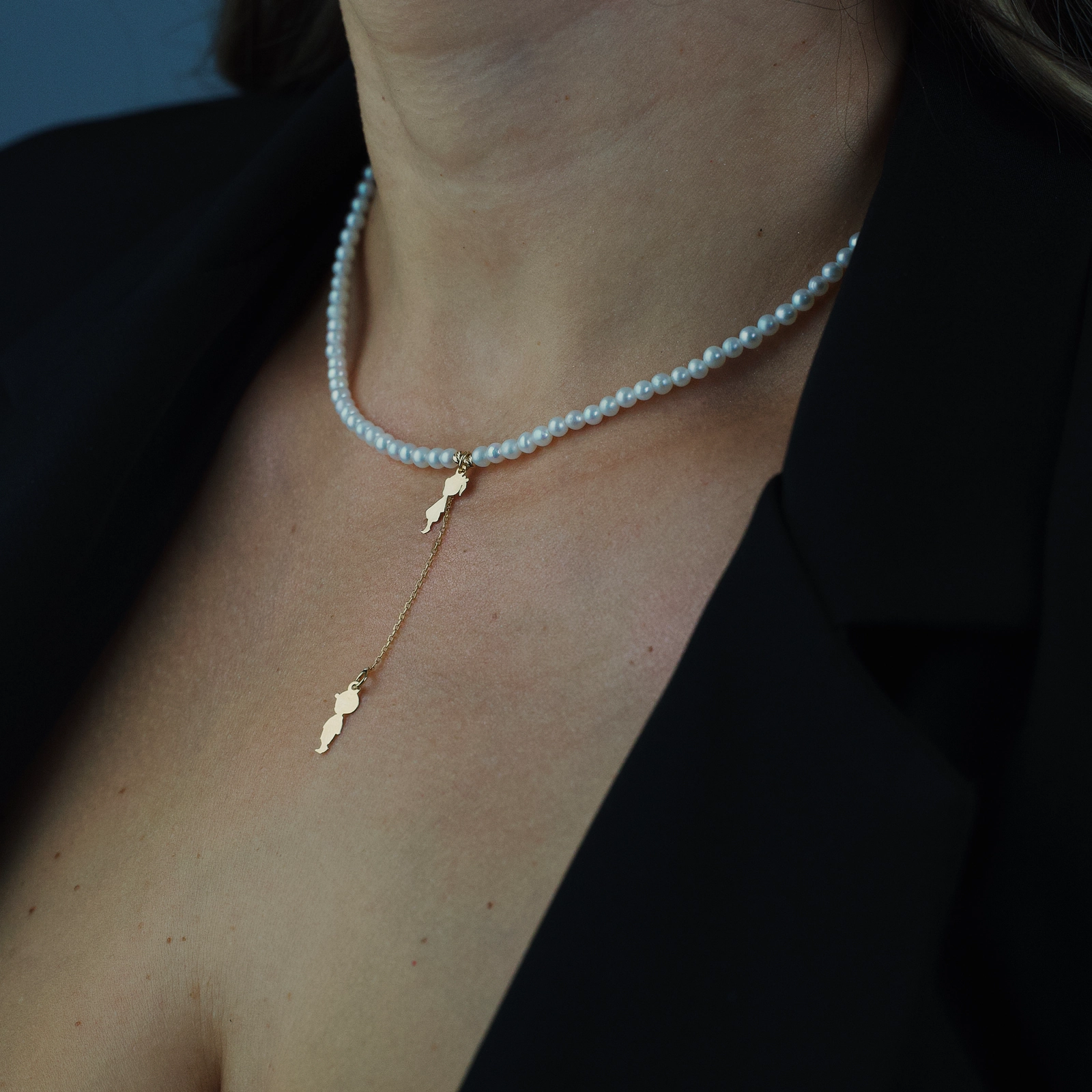 Colier perle naturale de cultura cu pandantiv fetita si baietel din Aur 14K [3]