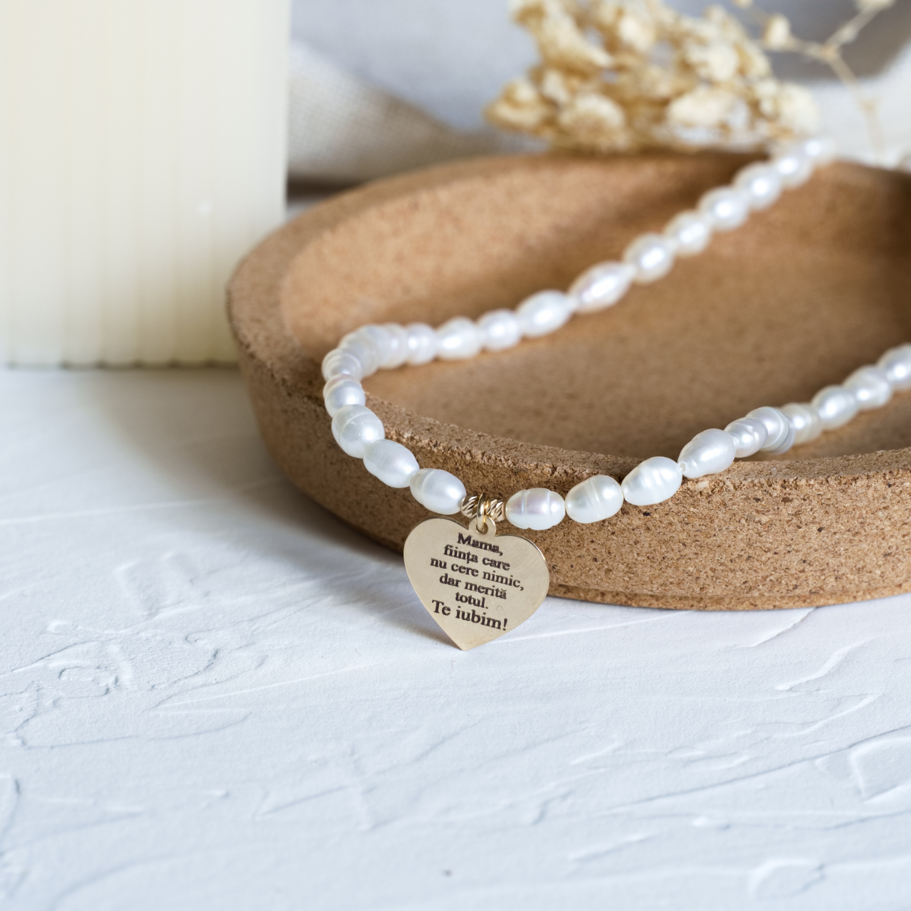 Colier perle naturale de cultura si pandativ aur 14K inima cu mesaj emotionat pentru Mama [2]