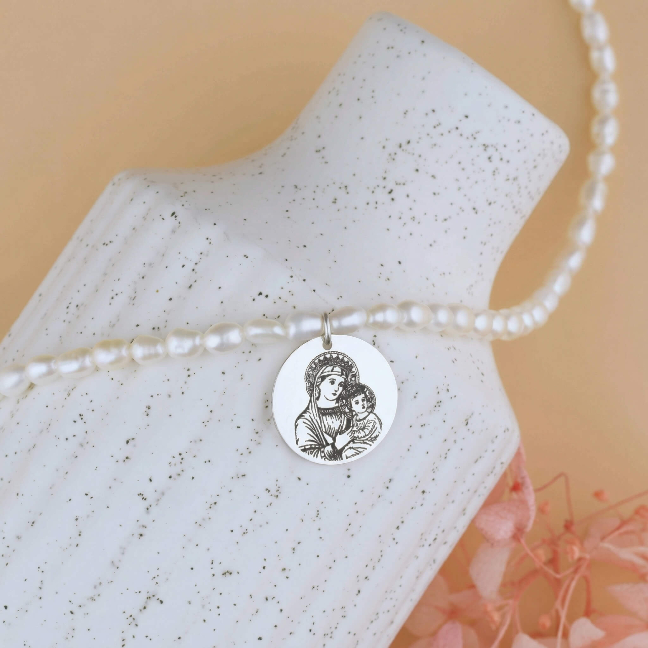 Colier perle naturale de cultura si pendant Icoana Maica Domnului / Fecioara Maria Argint 925 / Argint suflat cu Aur 18K [2]