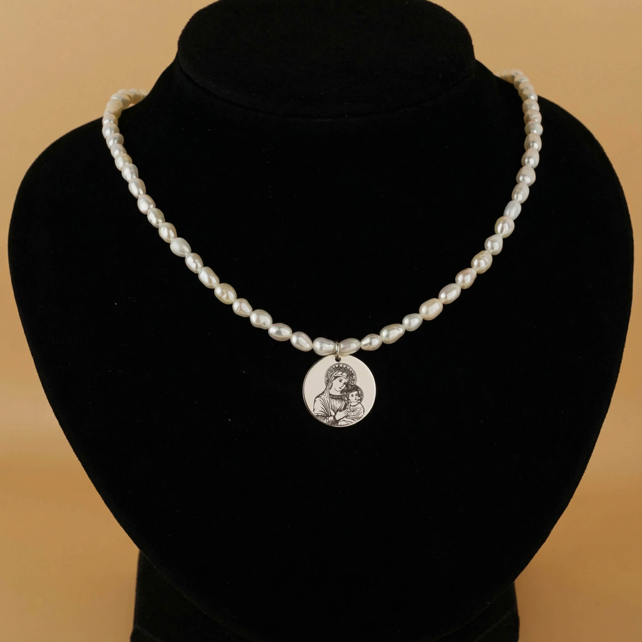 Colier perle naturale de cultura si pendant Icoana Maica Domnului / Fecioara Maria Argint 925 / Argint suflat cu Aur 18K [3]