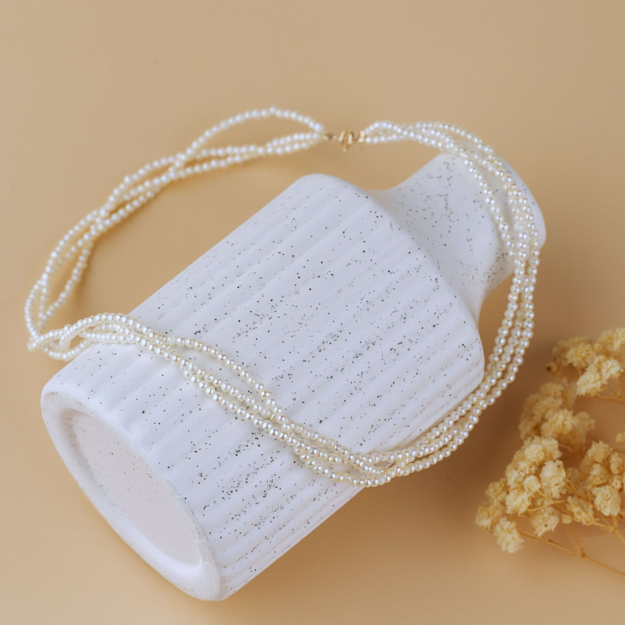 Colier perle naturale rotunde impletit din 3 siraguri - Colier perle Mireasa si Aur 14K [3]