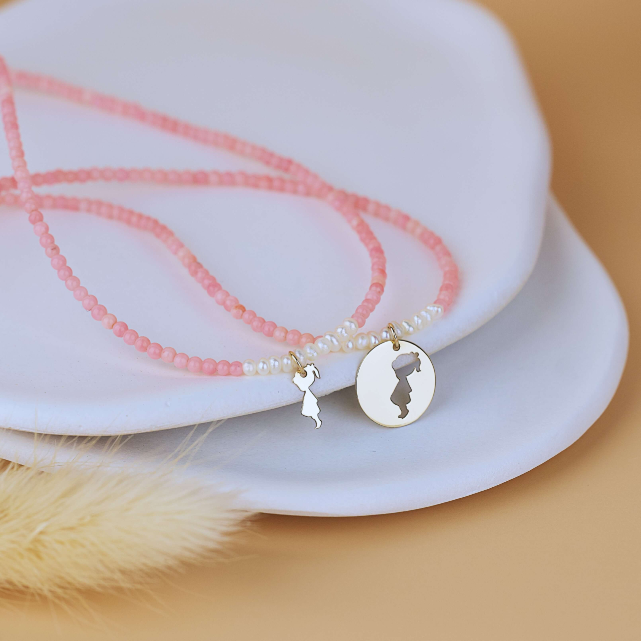 Set colier Mama Fiica Opal Roz cu perlute de cultura si pandantive din Aur 14K [3]