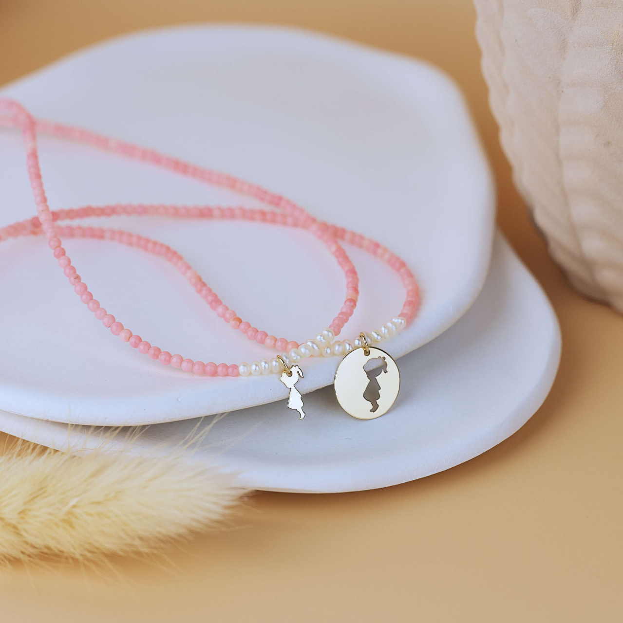 Set colier Mama Fiica Opal Roz cu perlute de cultura si pandantive din Aur 14K [2]