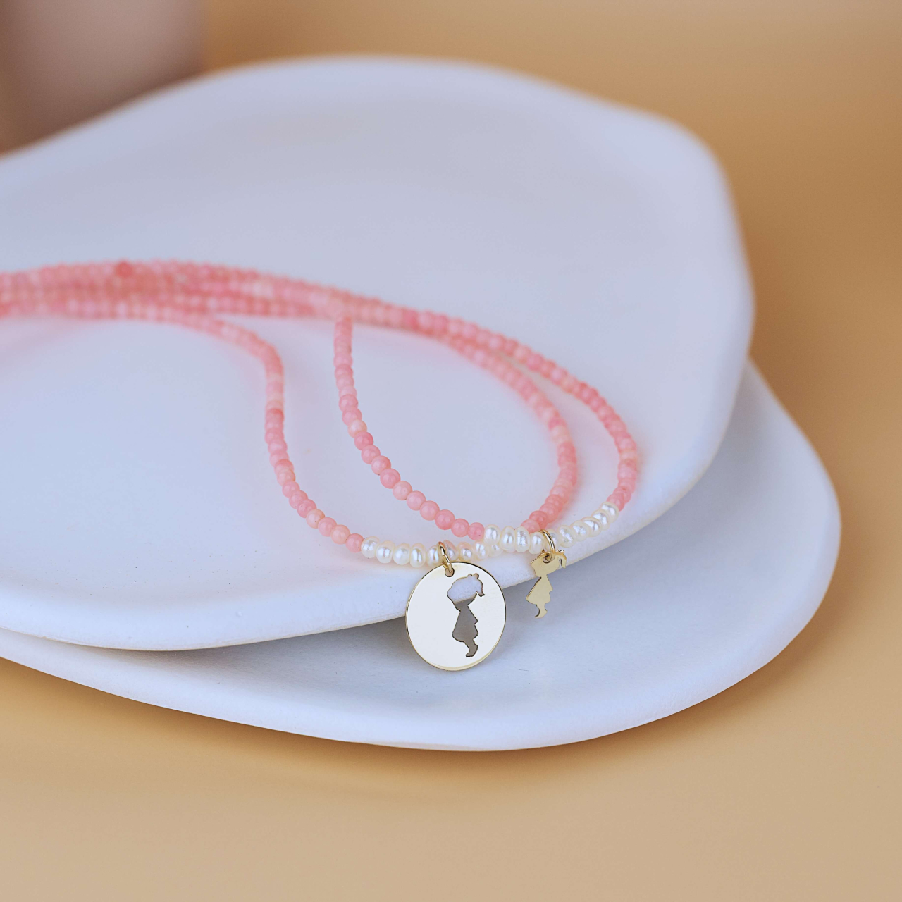 Set colier Mama Fiica Opal Roz cu perlute de cultura si pandantive din Aur 14K [4]