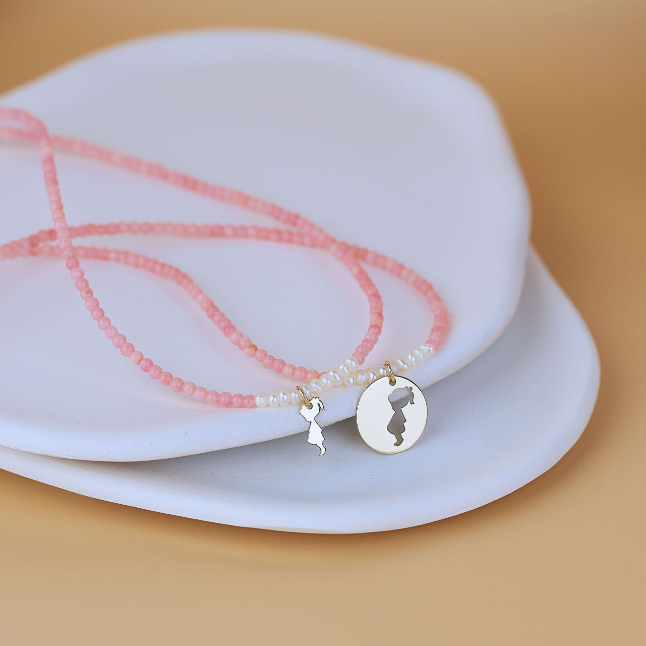 Set colier Mama Fiica Opal Roz cu perlute de cultura si pandantive din Aur 14K [5]