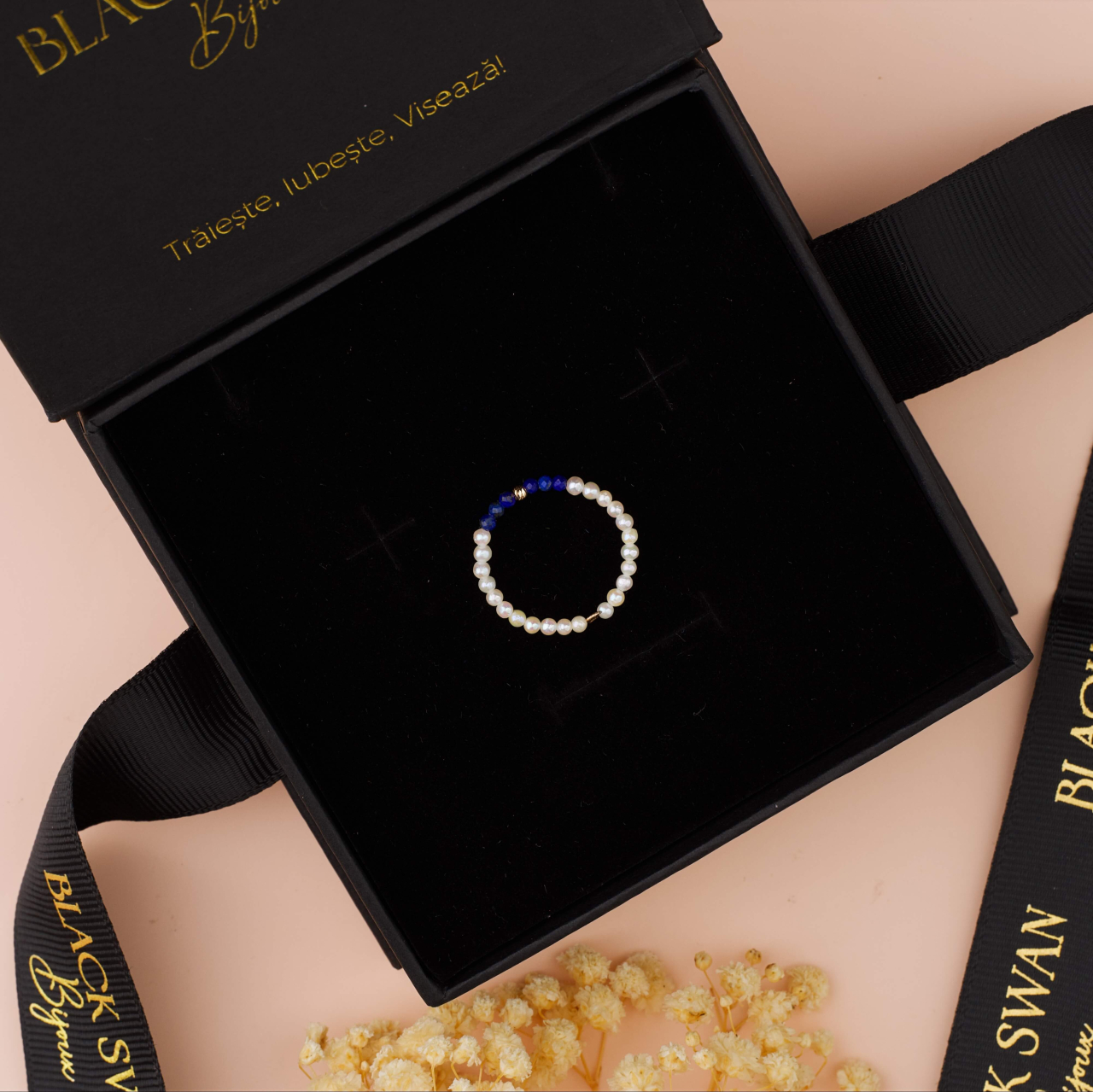 Inel din Perle Naturale ci Pietre Lapiz Lazuli si 1 Biluta striata din Aur 14K 2mm [3]