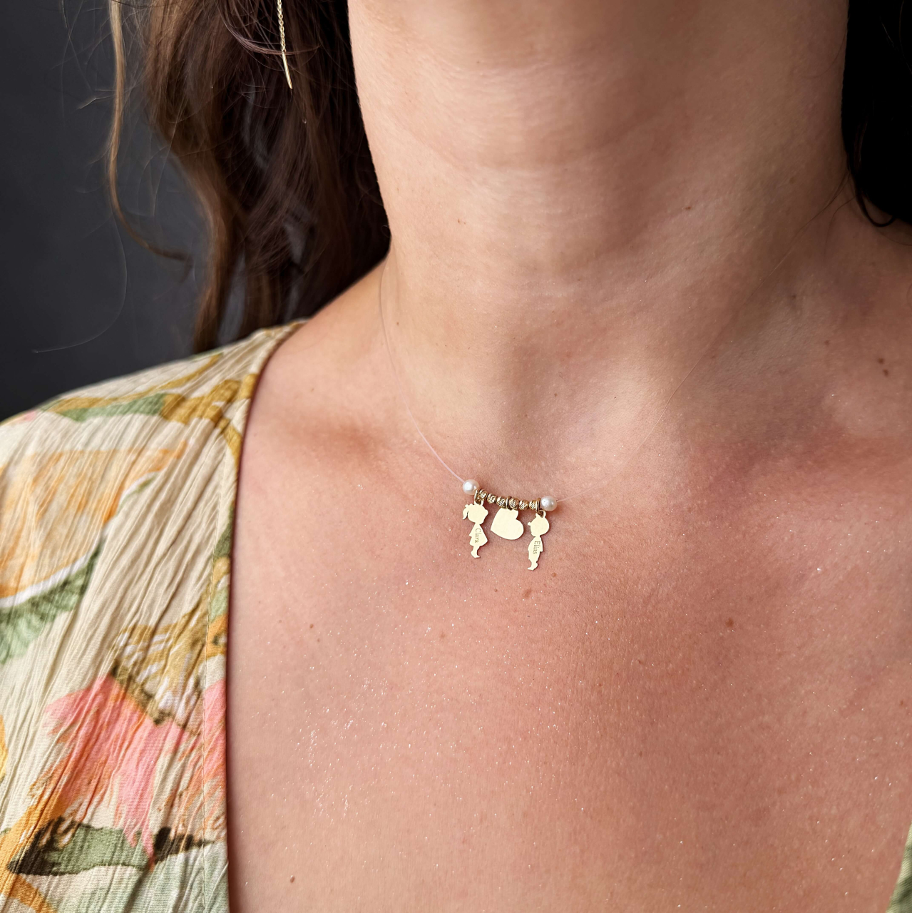 Lantisor fi transparent cu Pandantive Copii din Aur 14K Fetita & Baietel — Gravura cu Numele Copiilor [2]
