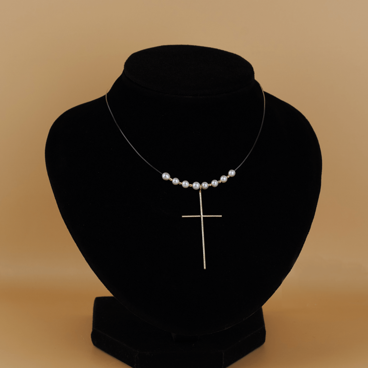 Colier fir trasparent si pandantiv cruce mare din Aur 14K cu perle naturale si bilute din Aur disco 2.5 mm [3]