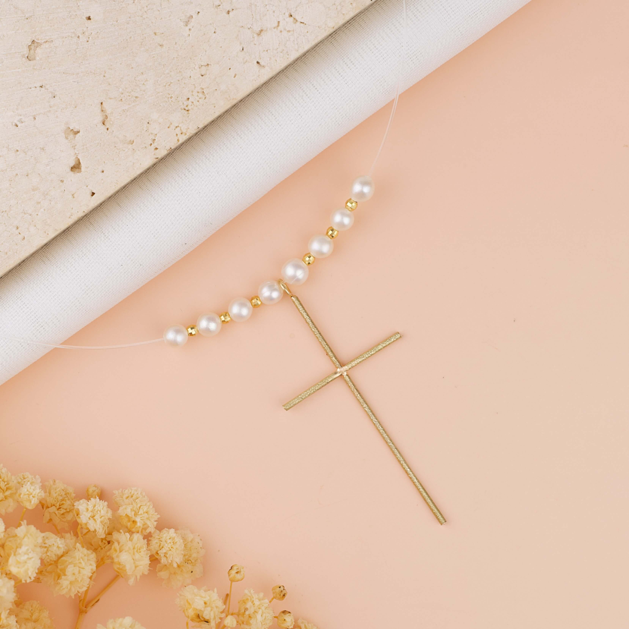 Colier fir trasparent si pandantiv cruce mare din Aur 14K cu perle naturale si bilute din Aur disco 2.5 mm [4]