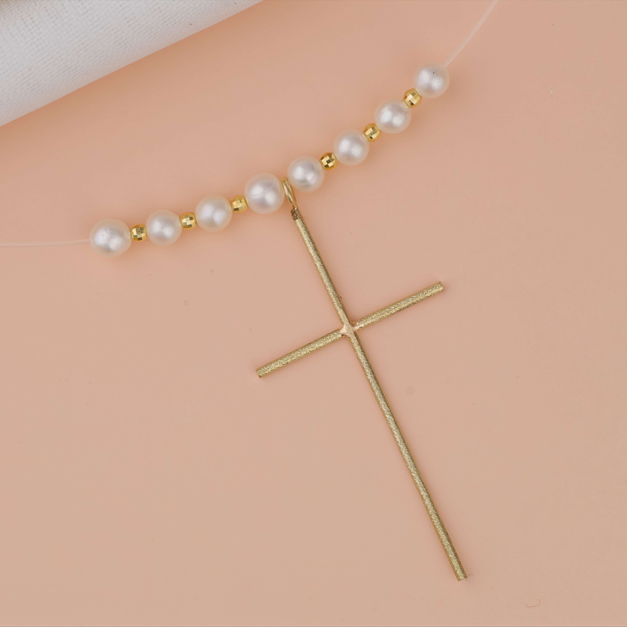 Colier fir trasparent si pandantiv cruce mare din Aur 14K cu perle naturale si bilute din Aur disco 2.5 mm [2]