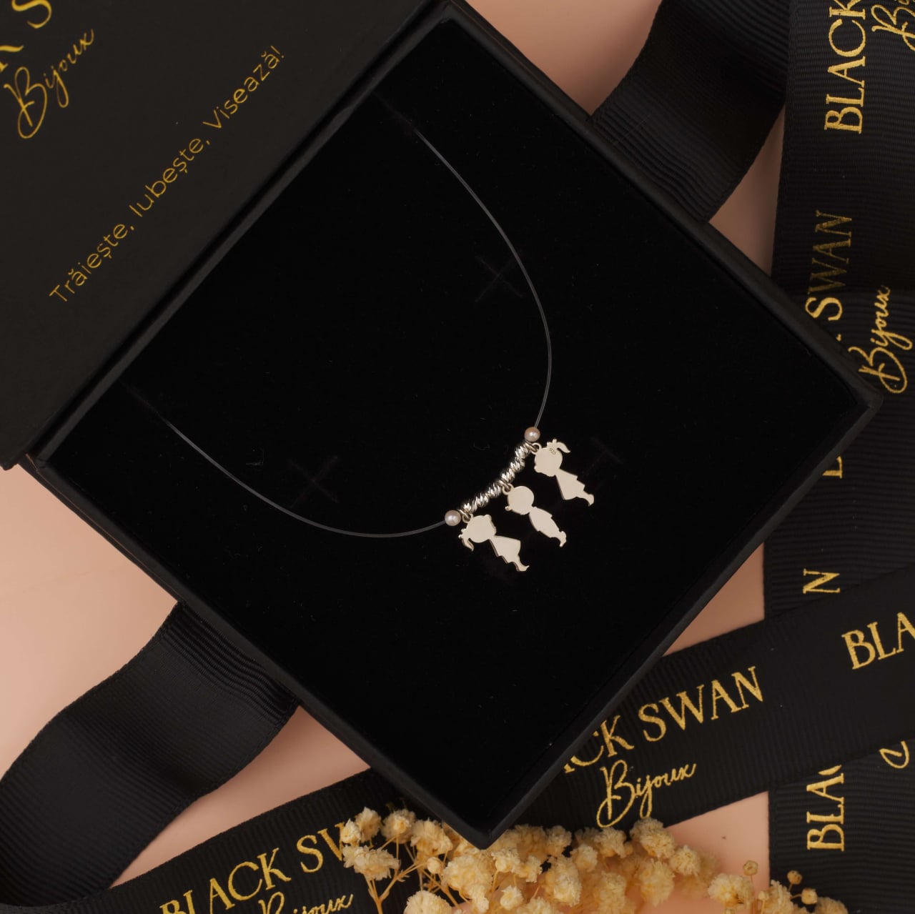 Lantisor Personalizat cu Fir Transparent si Pandantive Copii din Argint 925 / Argint Placat cu Aur 18K [2]