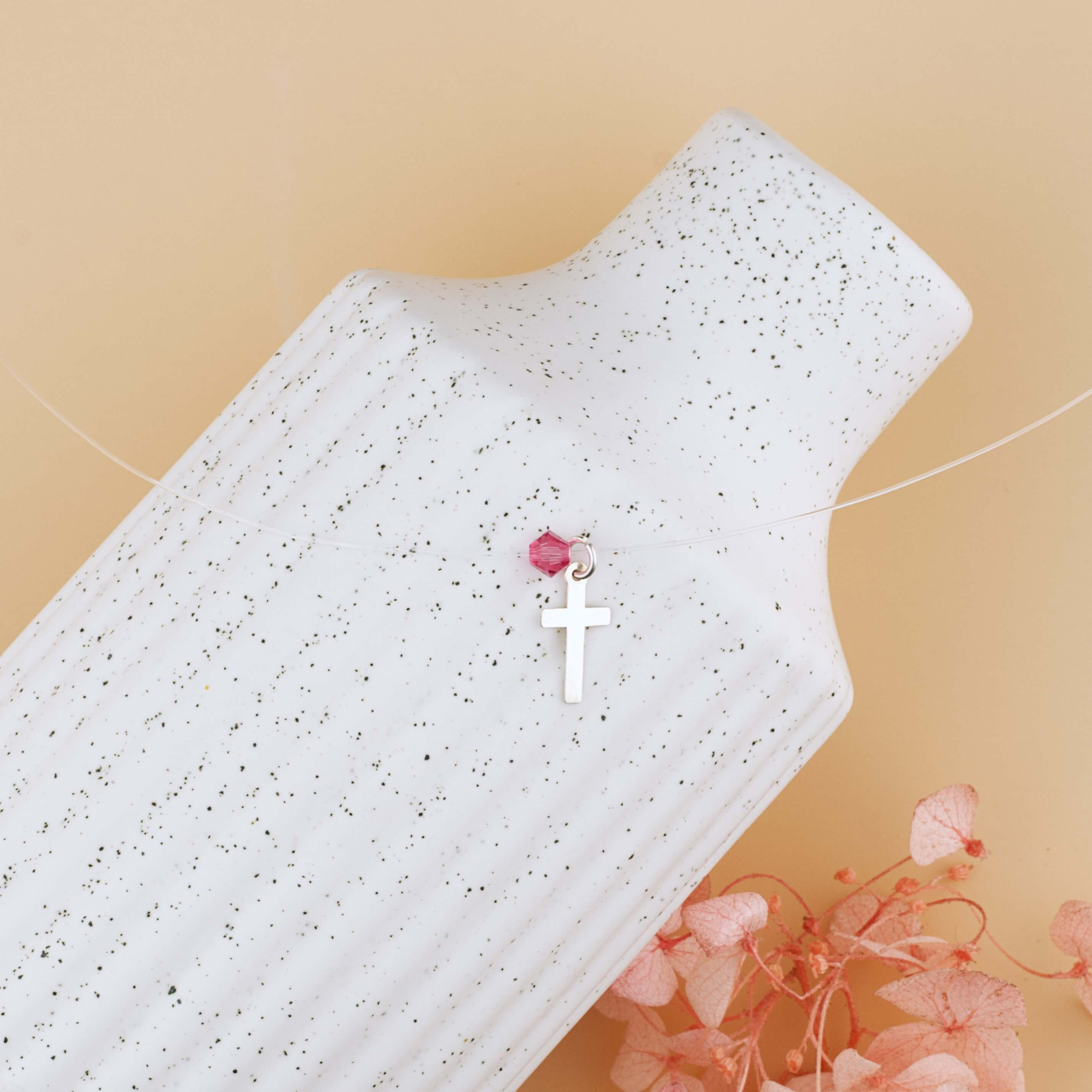 Choker / Lantisor fir transparent din guta cu pandantiv Cruciulita si MIYUKI colorate / sidef [7]