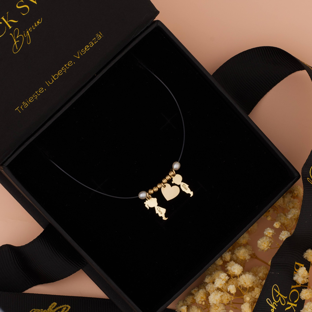 Lantisor fi transparent cu Pandantive Copii din Aur 14K Fetita & Baietel — Gravura cu Numele Copiilor [2]