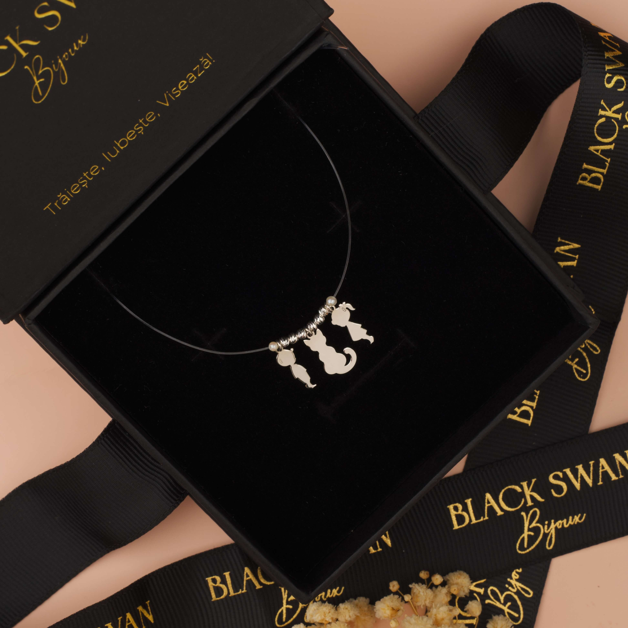 Lantisor Personalizat cu Copii si Pisica pe Fir Transparent din Argint 925 / Argint Placat cu Aur 18K [2]