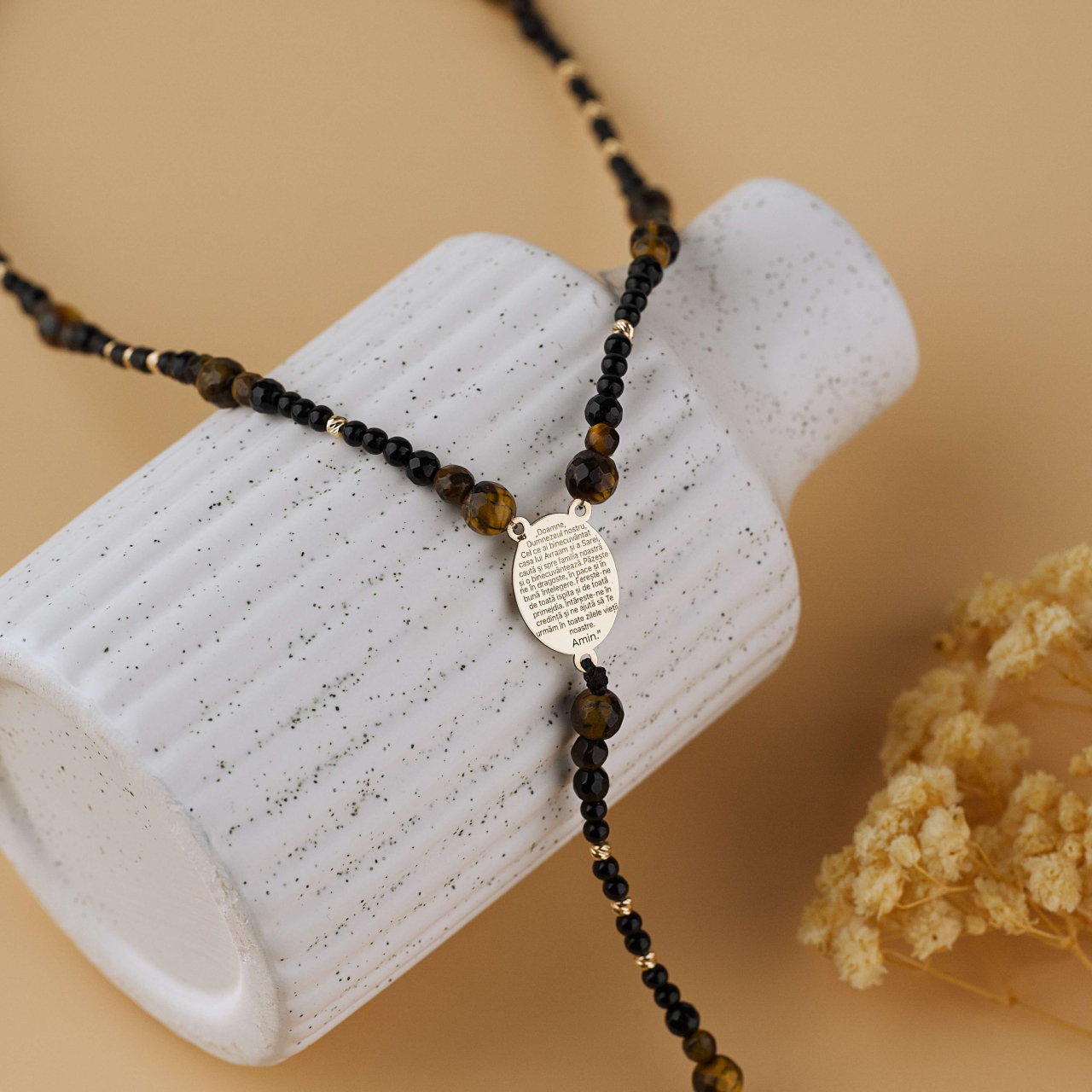 Rozariu Aur Barbati cu Fotogravura / Rugaciune - Margele Ochi de Tigru / Onix Negru si Bilute striate din Aur 14K [5]