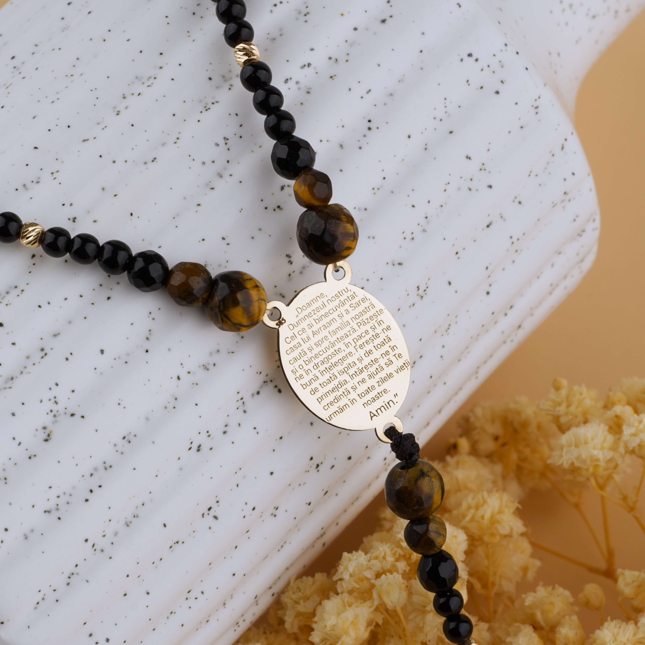 Rozariu Aur Barbati cu Fotogravura / Rugaciune - Margele Ochi de Tigru / Onix Negru si Bilute striate din Aur 14K [3]