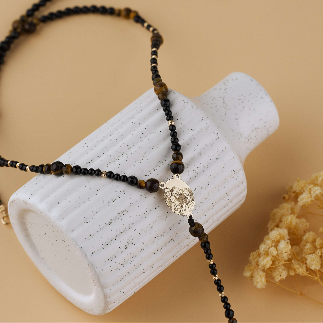 Rozariu Aur Barbati cu Fotogravura / Rugaciune - Margele Ochi de Tigru / Onix Negru si Bilute striate din Aur 14K [4]