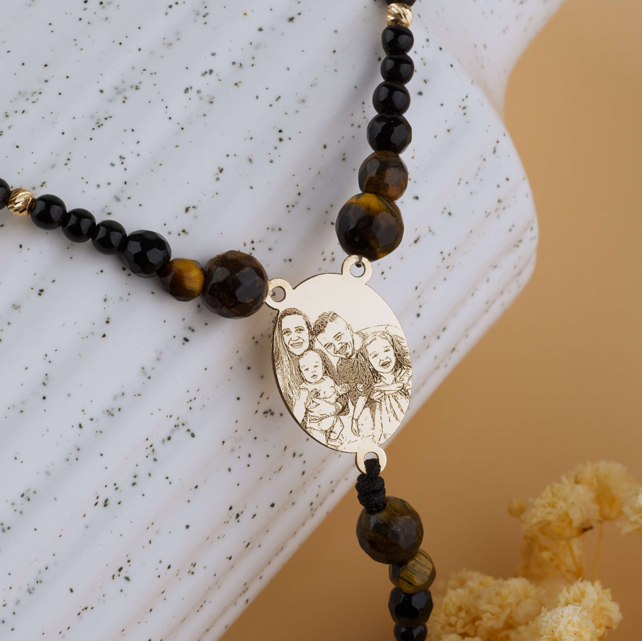 Rozariu Aur Barbati cu Fotogravura / Rugaciune - Margele Ochi de Tigru / Onix Negru si Bilute striate din Aur 14K [2]