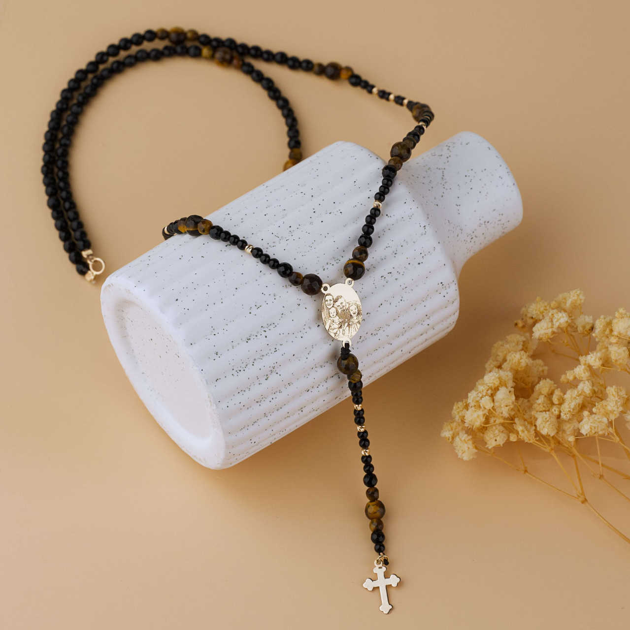 Rozariu Aur Barbati cu Fotogravura / Rugaciune - Margele Ochi de Tigru / Onix Negru si Bilute striate din Aur 14K [6]