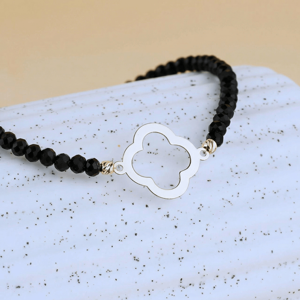 Bratara cu cristale Negru si Clover / Trifoi din Aur 14K [2]