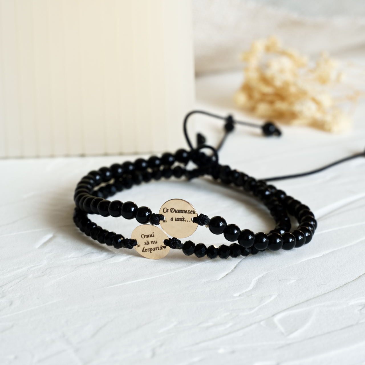 Set cuplu bratara cu banut din aur 14k si cristale - Mesaj gravat personalizat [3]
