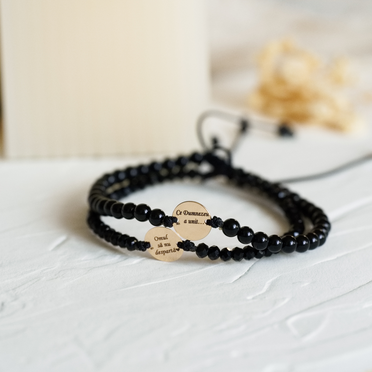 Set cuplu bratara cu banut din aur 14k si cristale - Mesaj gravat personalizat [2]
